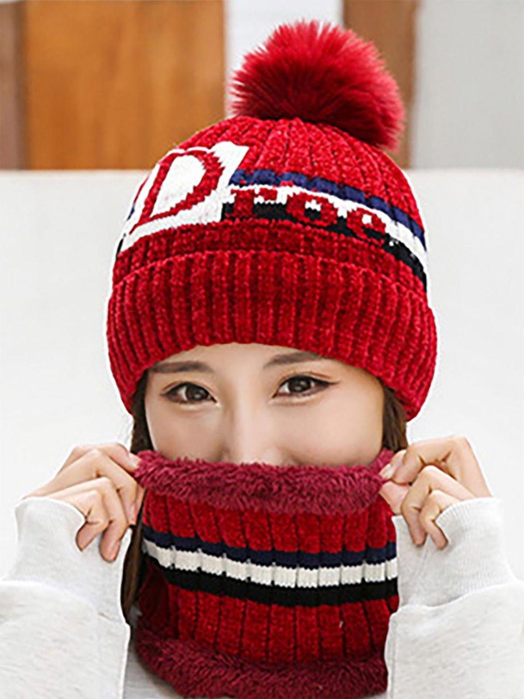 youstylo adults red & white printed woolen winter pompom cap