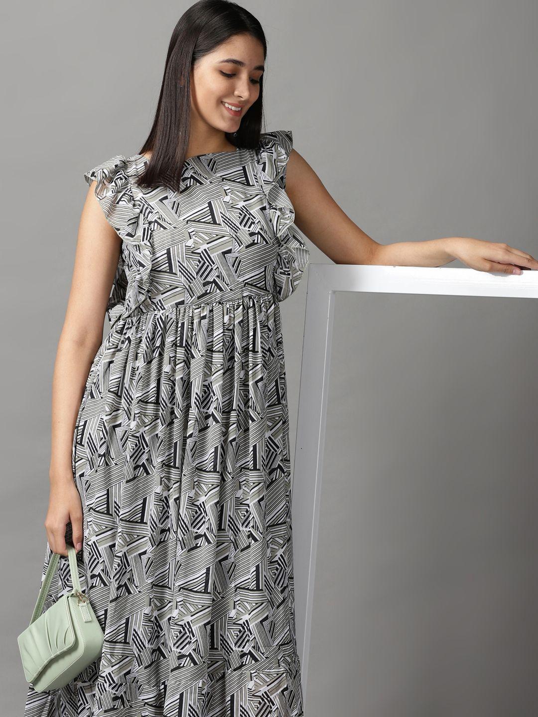 showoff women grey & white chiffon maxi midi dress