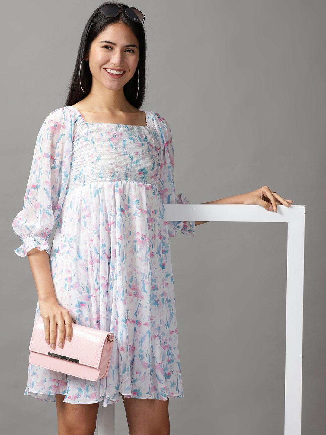 showoff women white & pink floral chiffon empire dress