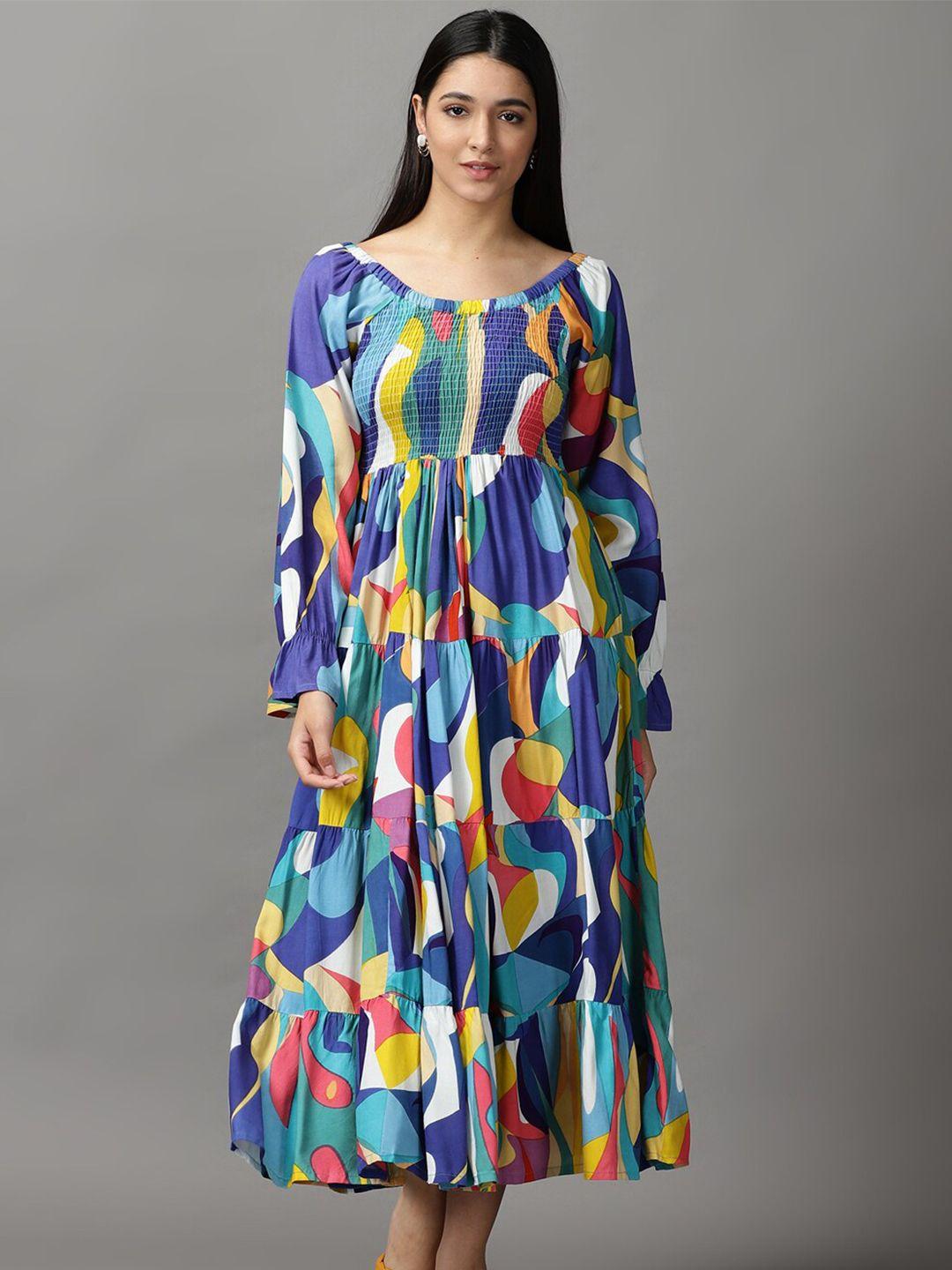 showoff women blue & green abstract midi dress