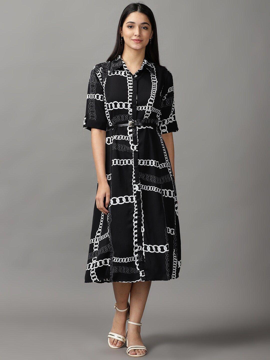 showoff women black & white shirt collar midi dress