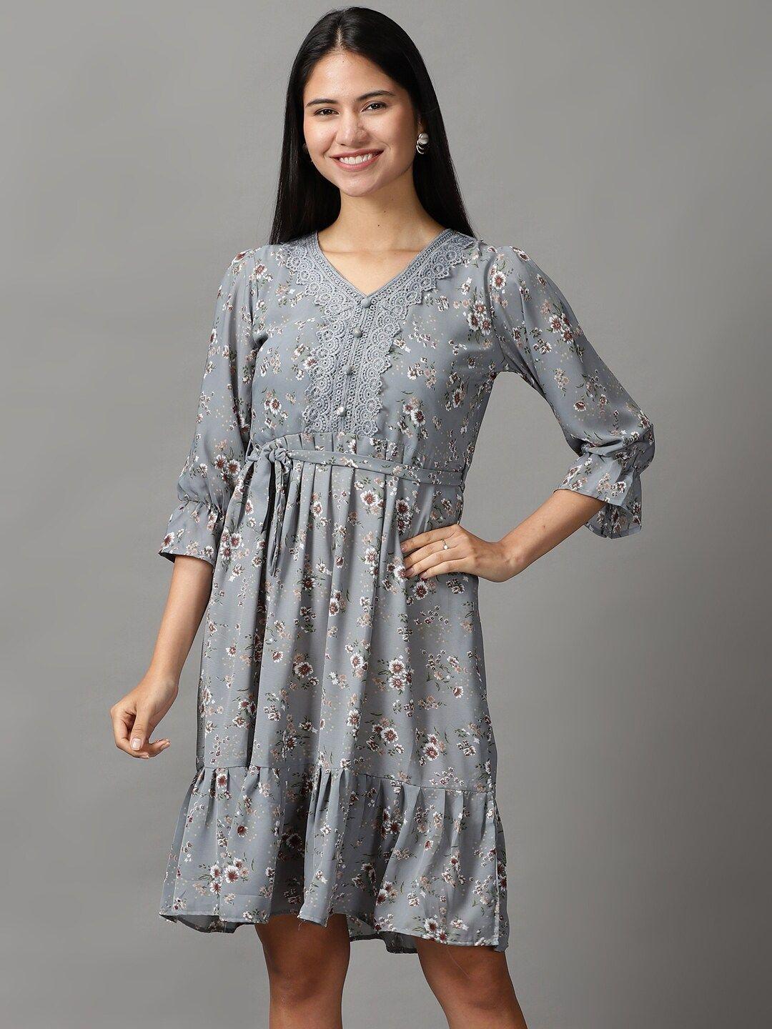 showoff women grey & beige floral printed fit & flare dress