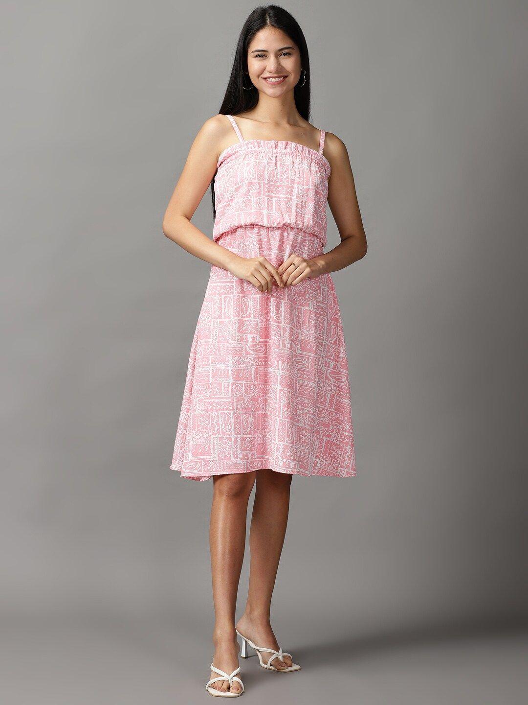 showoff women pink & white ethnic motifs crepe dress