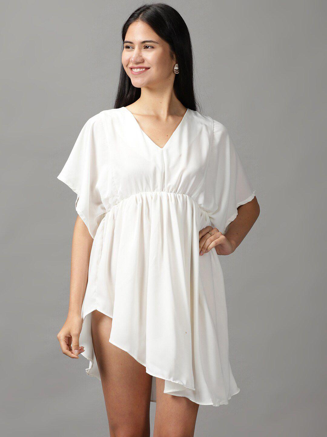 showoff women off white chiffon a-line dress