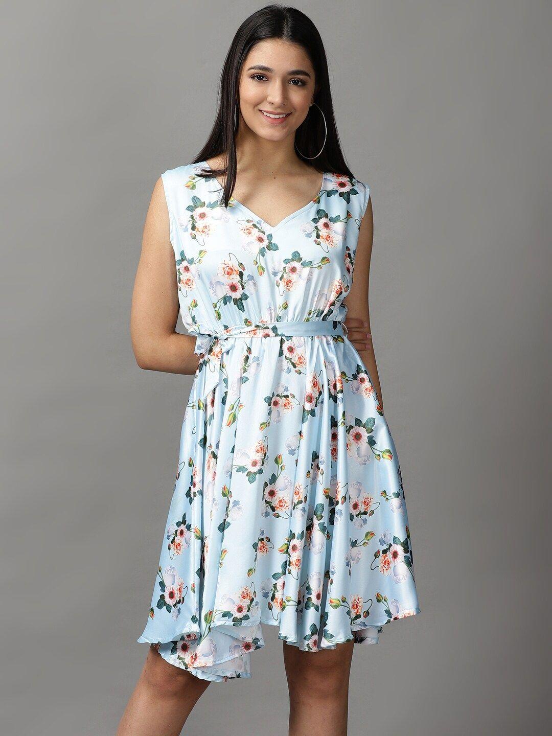 showoff women blue & peach-coloured floral satin dress