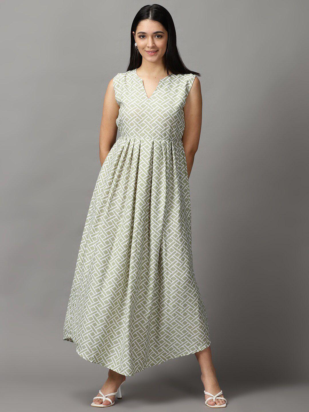 showoff women sea green & white v-neck maxi dress