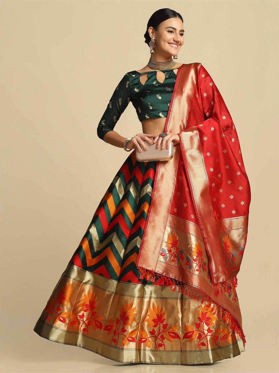 warthy ent women green & red semi-stitched lehenga & unstitched blouse with dupatta