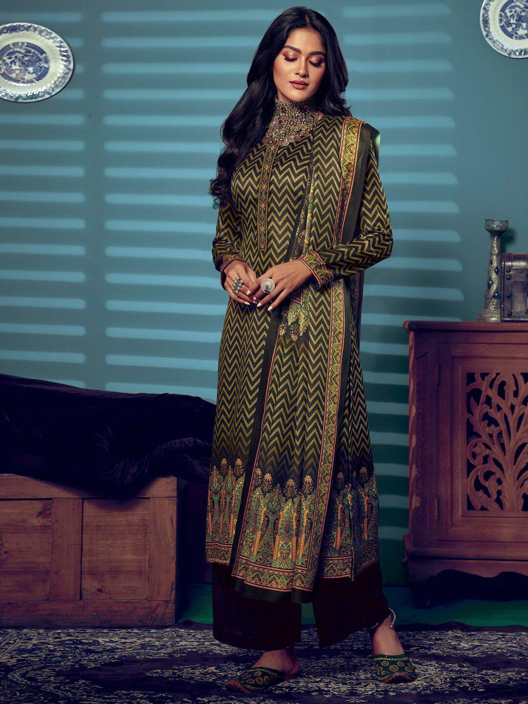 stylee lifestyle gold-toned & green printed unstitched dress material