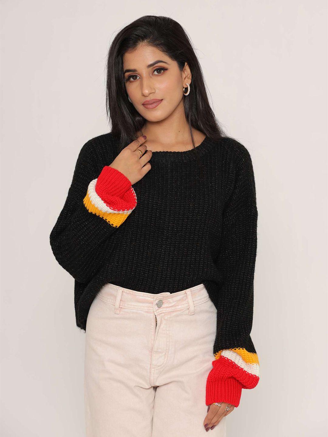 kasma women black & red ribbed crop pullover