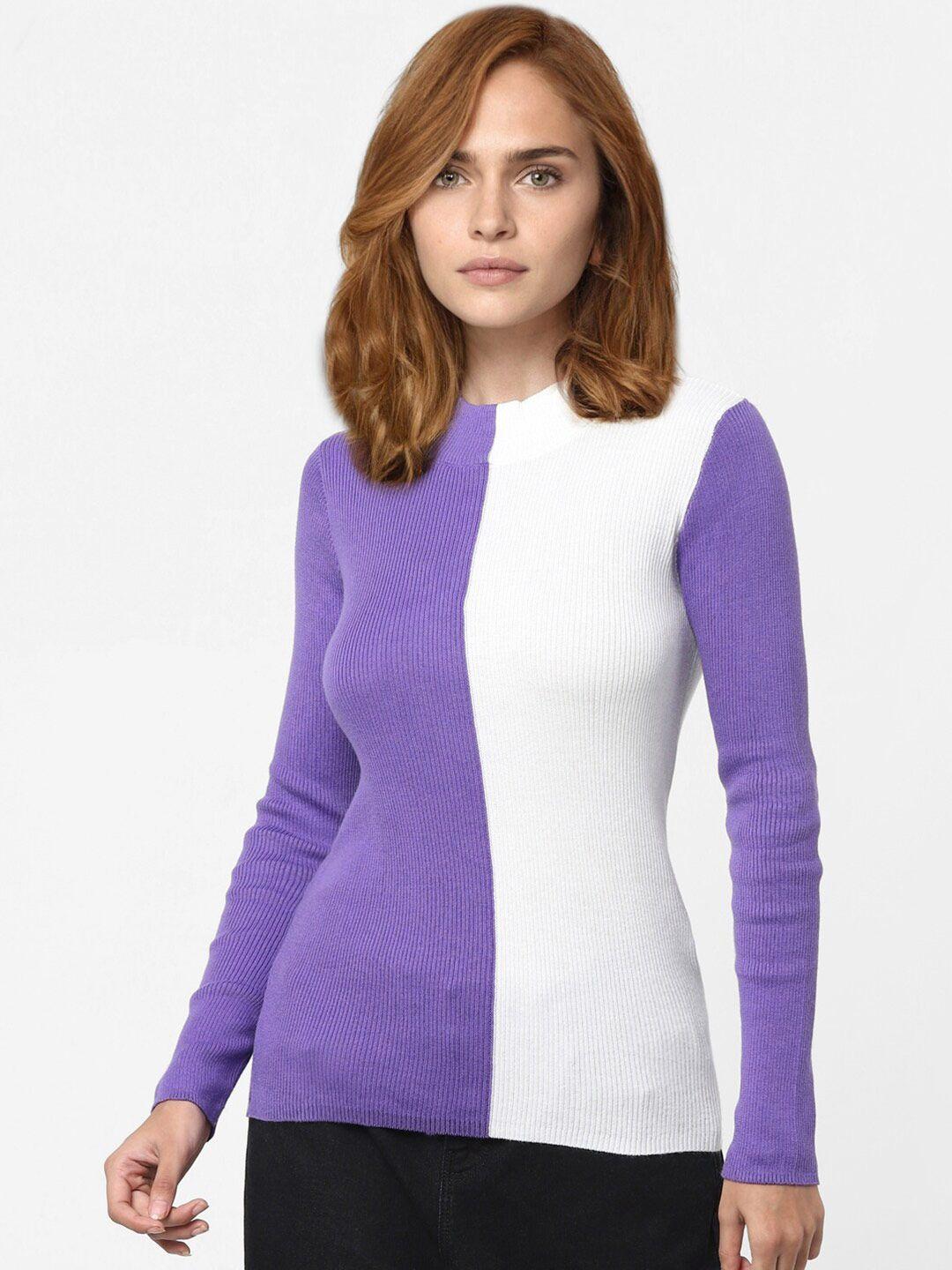 vero moda marquee collection women purple & white colourblocked  pullover cotton sweater