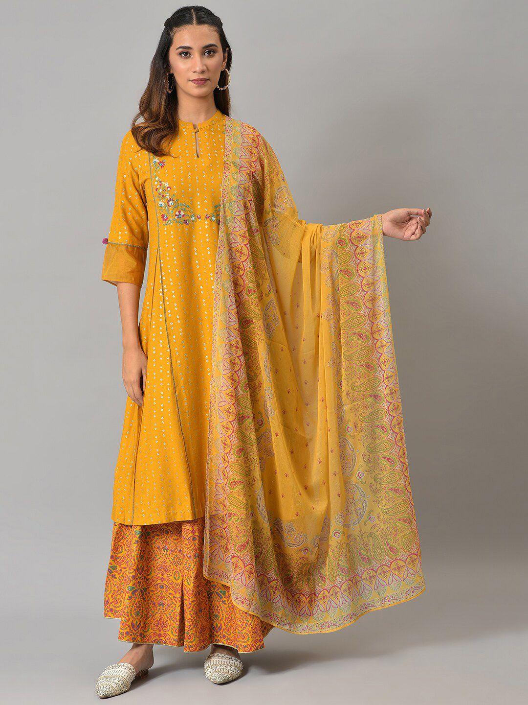 w women mustard & pink ethnic motifs printed dupatta