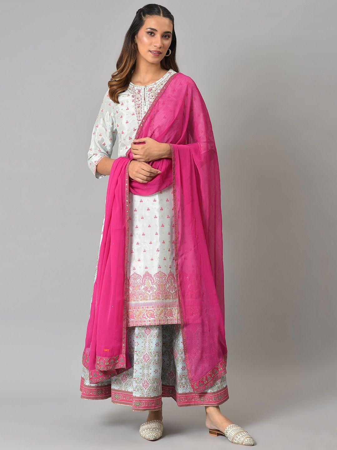 w women pink & green ethnic motifs woven design dupatta