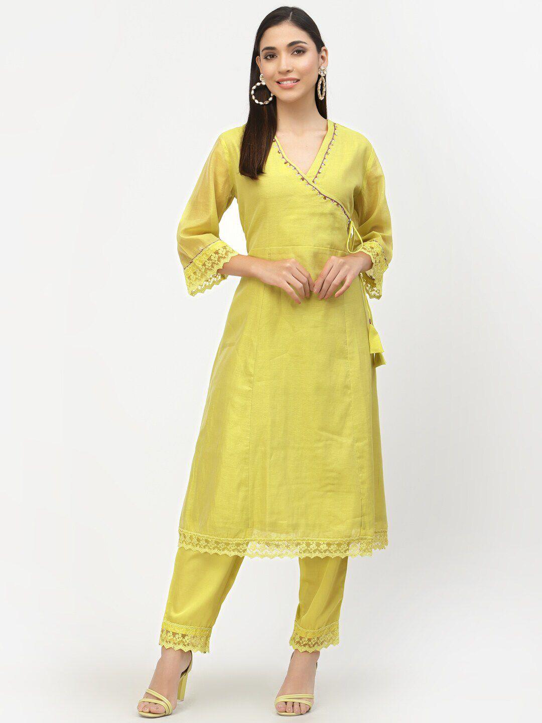 dart studio women yellow angrakha sequinned a-line kurta with trouser set