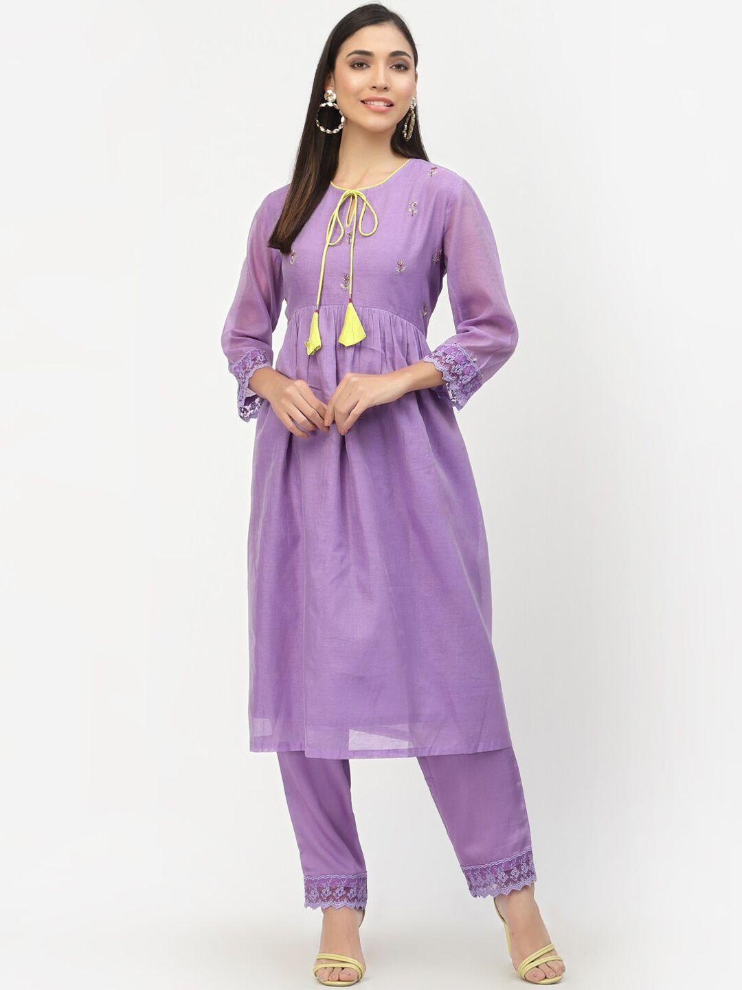 dart studio women purple sequinned a-line kurta with trouser set