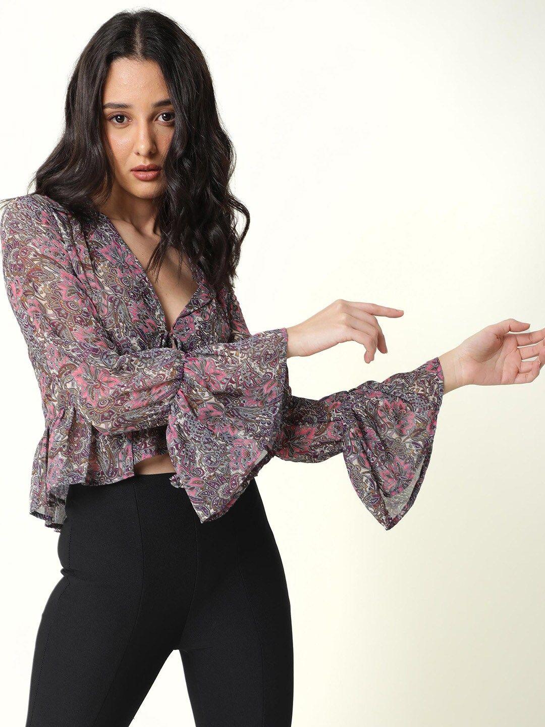 rareism women pink & purple printed crop tie-up shrug