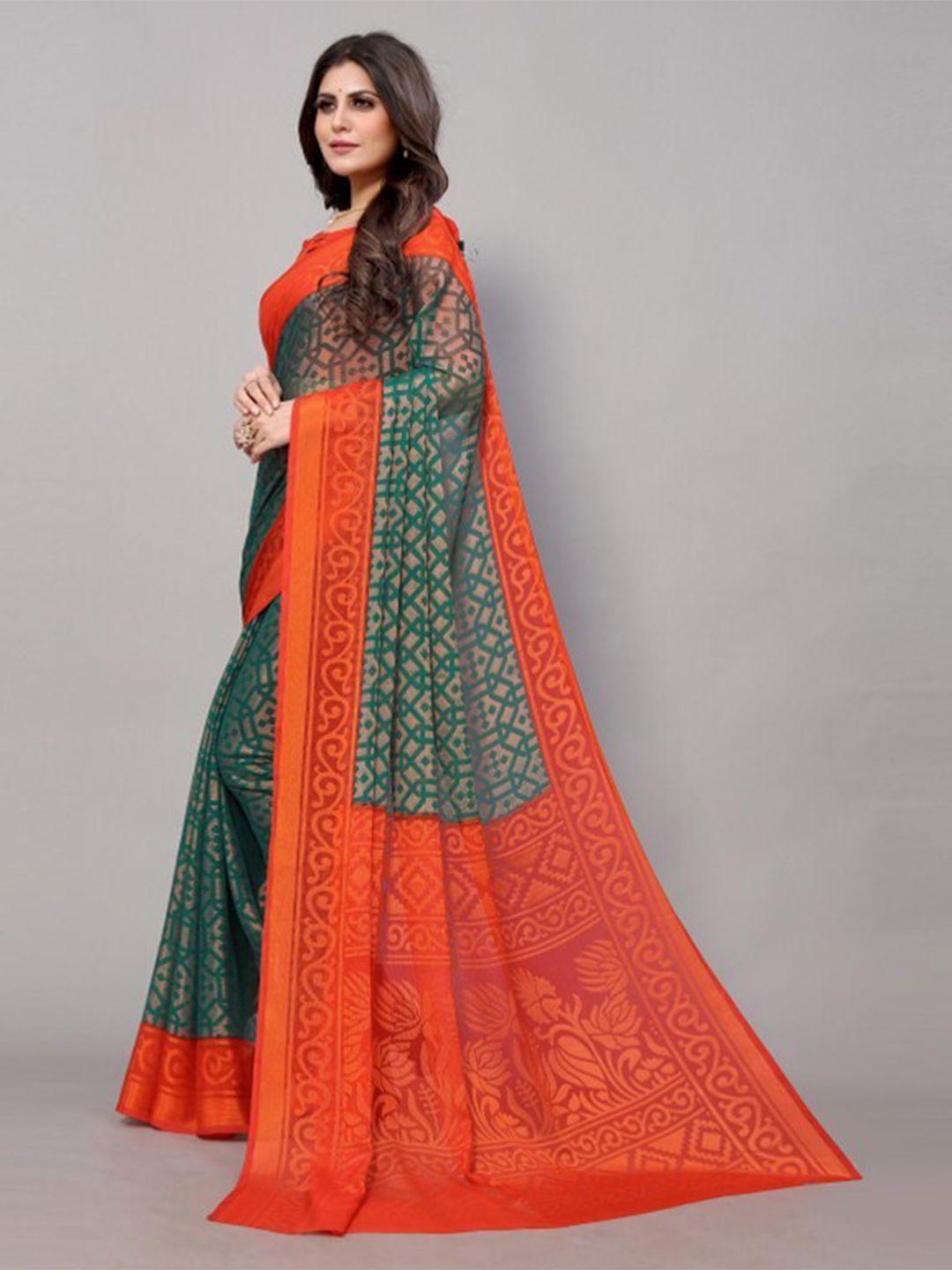 yashika teal & orange geometric printed saree