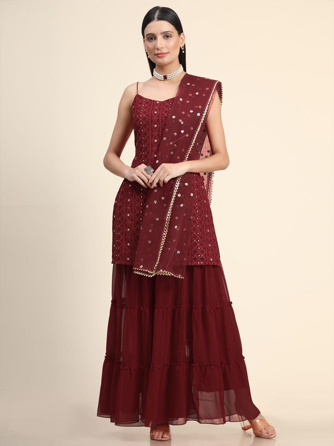 kalini women maroon floral embroidered thread work kurta with sharara & with dupatta