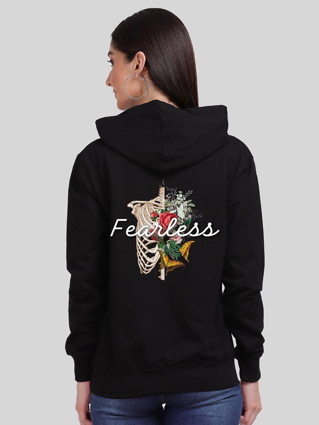 mad over print women black printed hooded sweatshirt