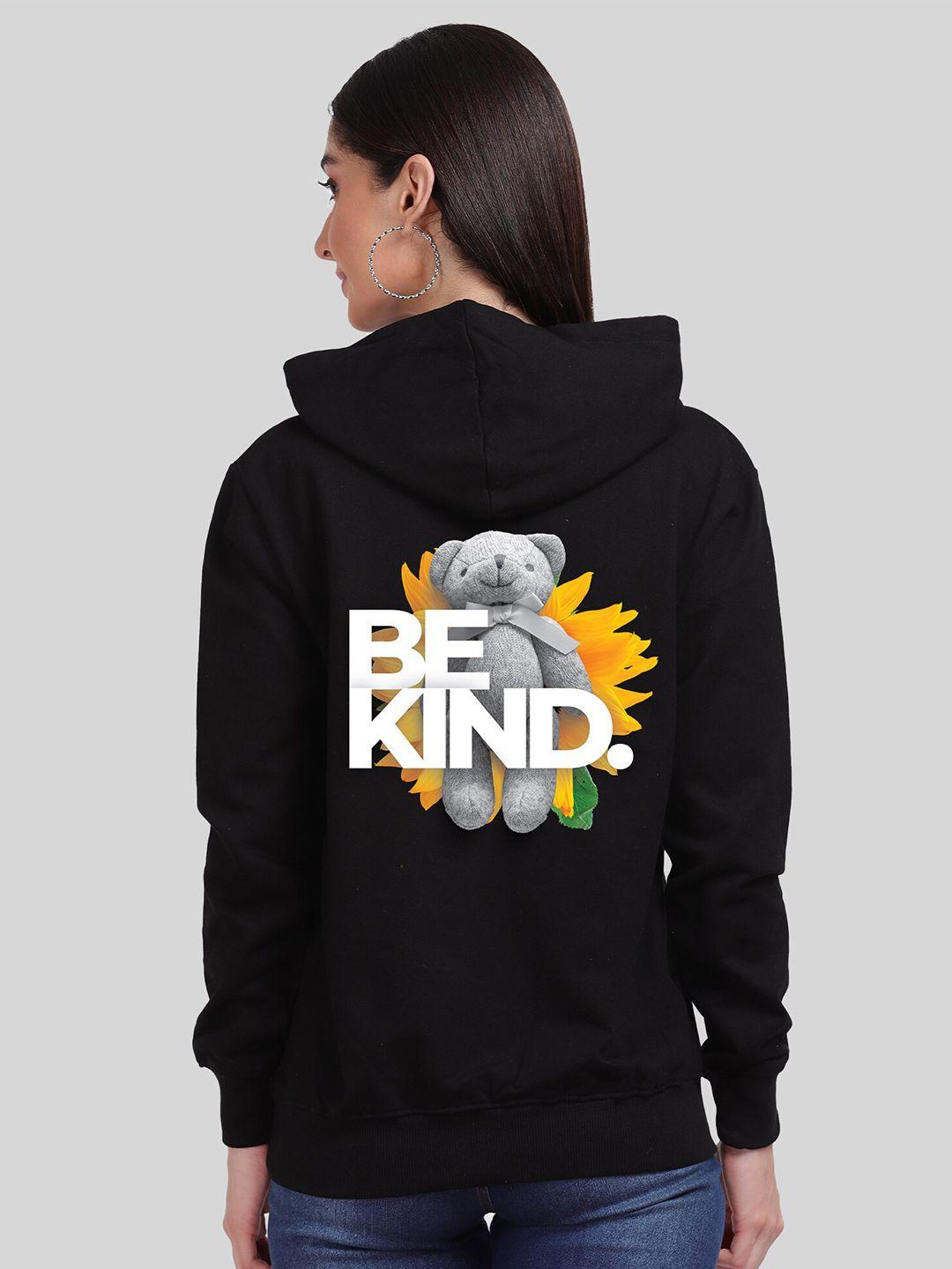 mad over print women black printed hooded sweatshirt