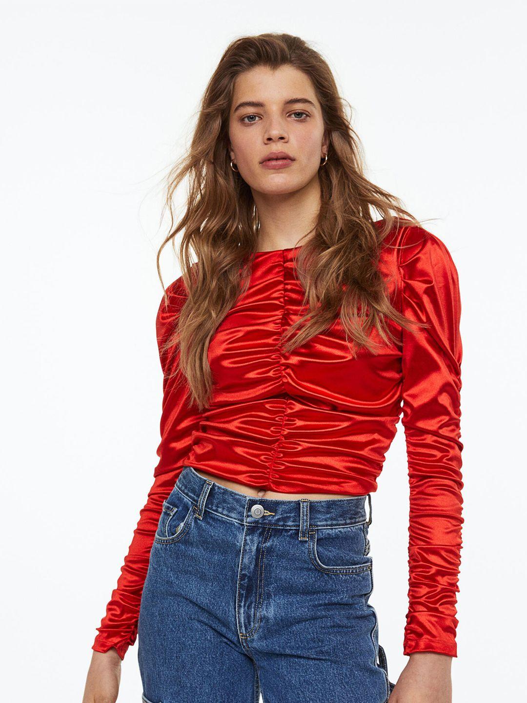 h&m women red gathered top