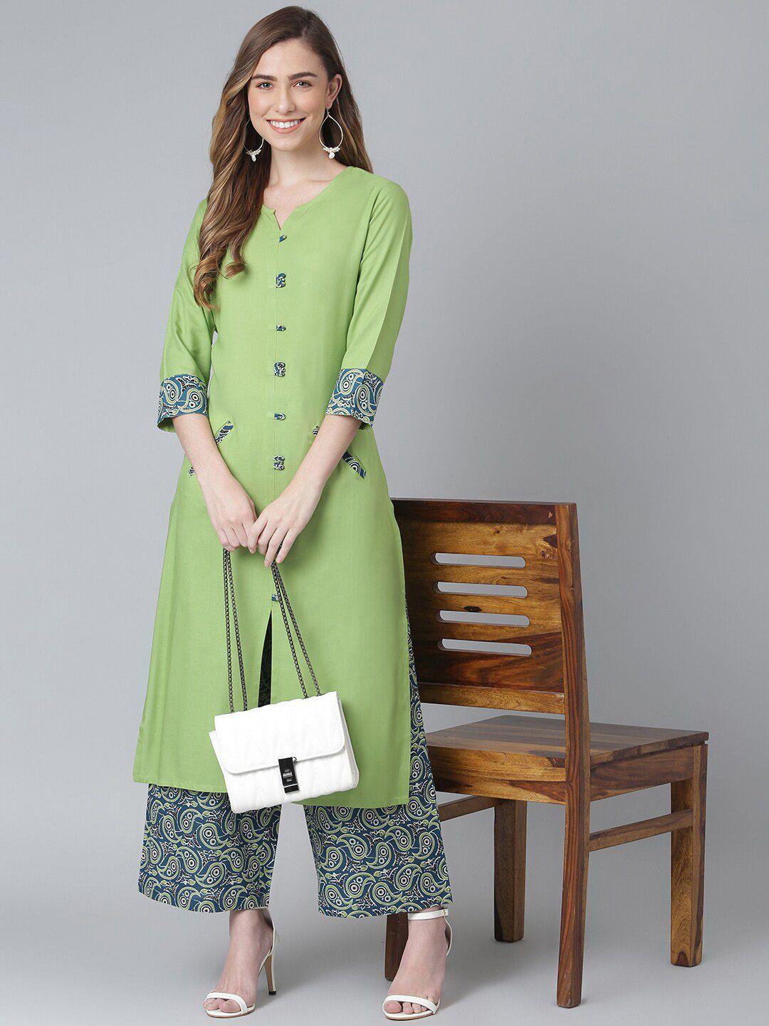 khushal k women green paisley patchwork kurta with palazzos