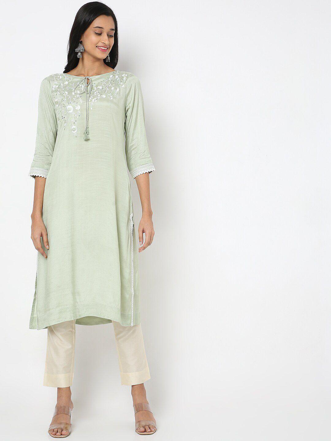 nylangan women green embroidered kurta