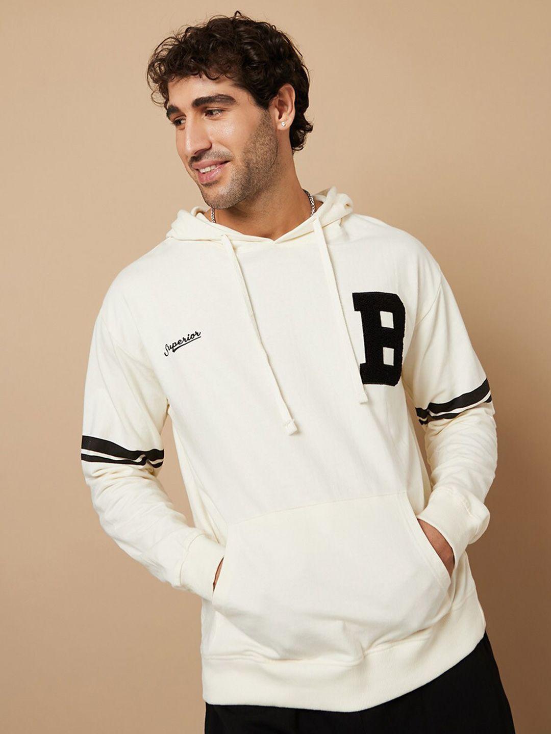 styli men cream-coloured hooded pure cotton sweatshirt