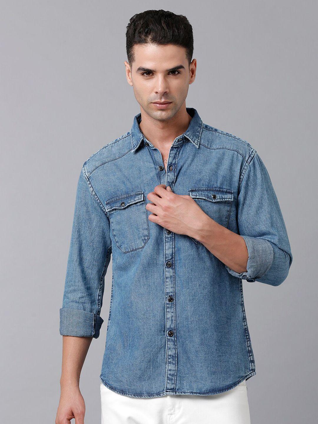 yovish men blue smart tailored fit faded faded casual shirt