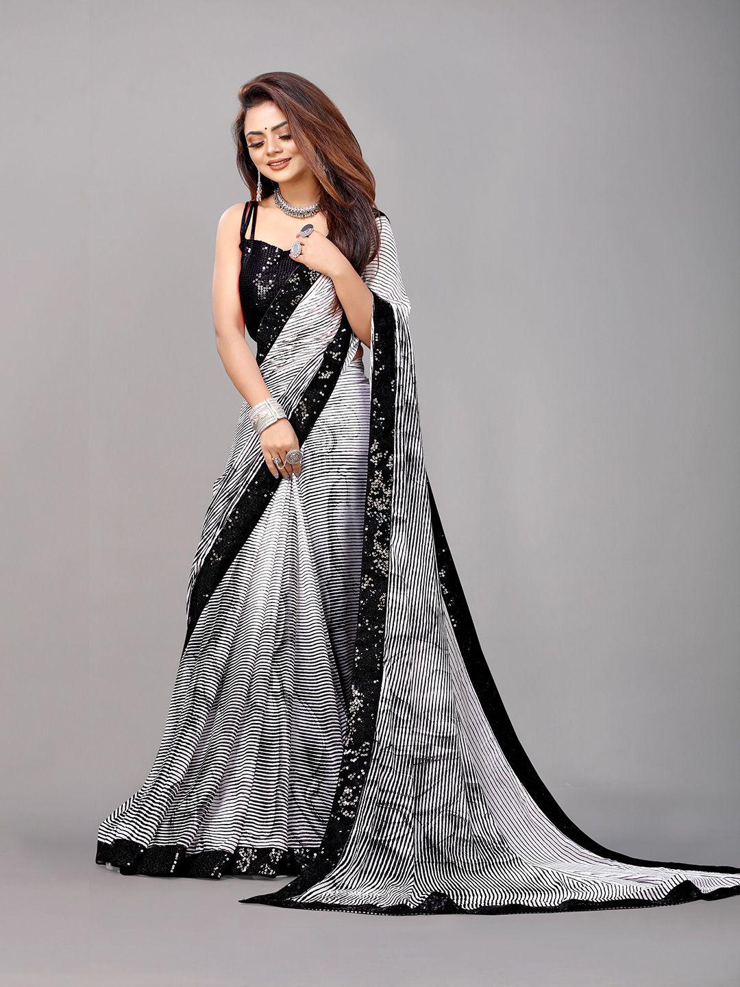 b4me com white & black striped sequinned pure georgette saree