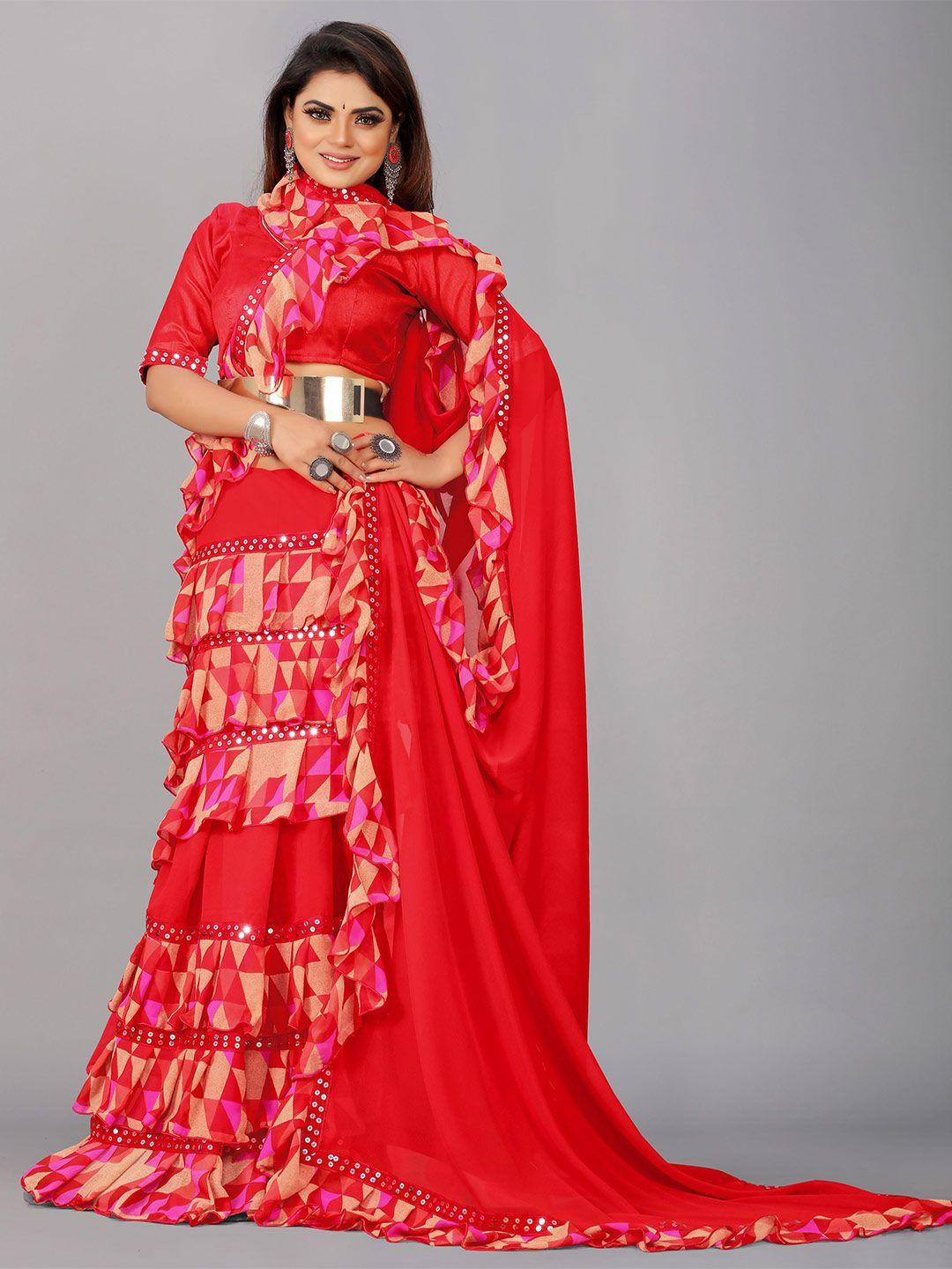 b4me com red & pink mirror work pure georgette saree with ruffle boarder