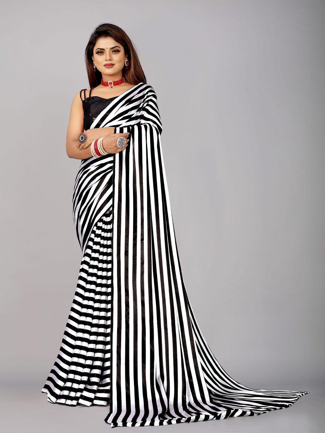 b4me com white & black striped sequinned pure georgette saree