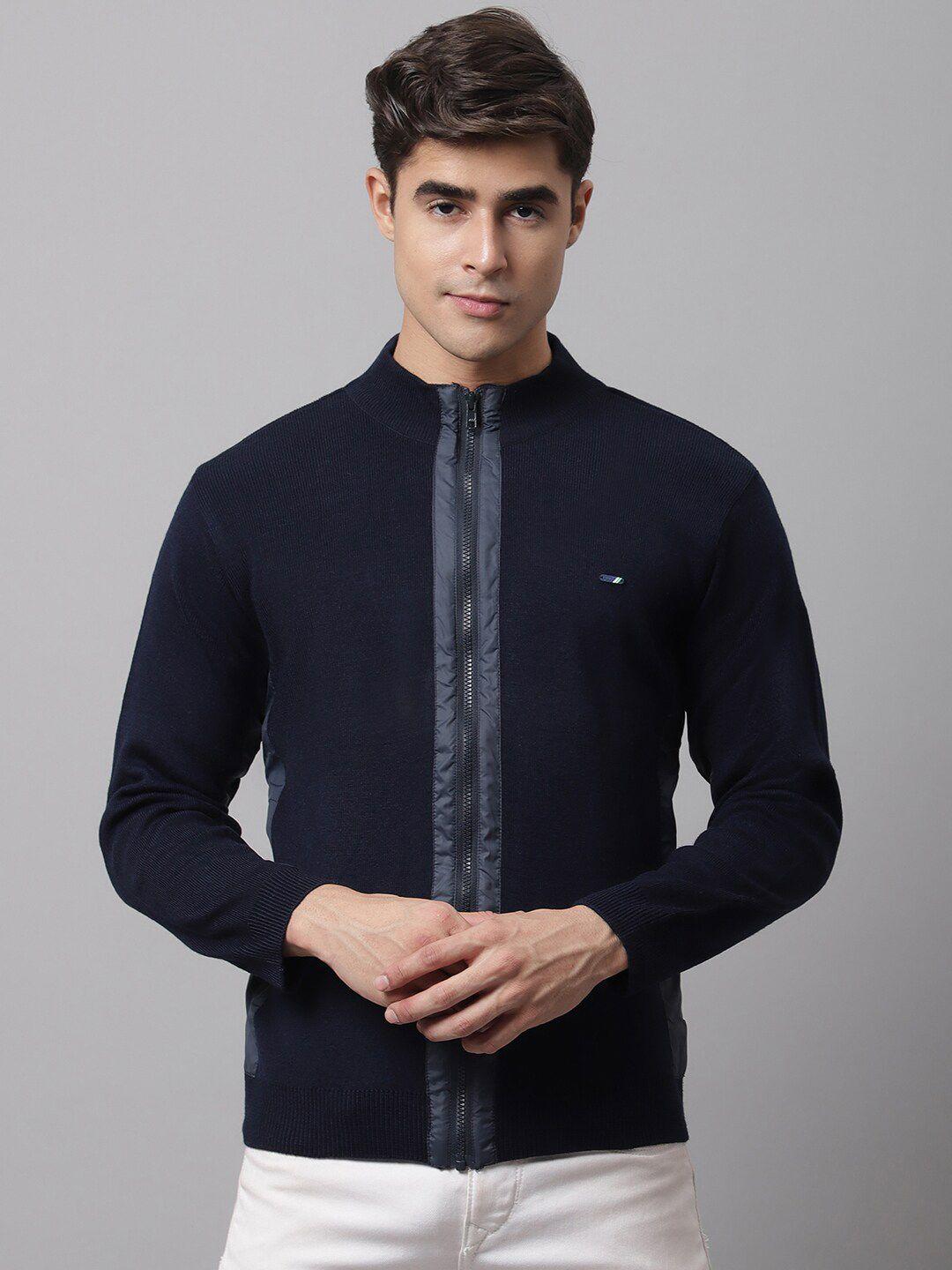 cantabil men navy blue colourblocked mock collar cardigan