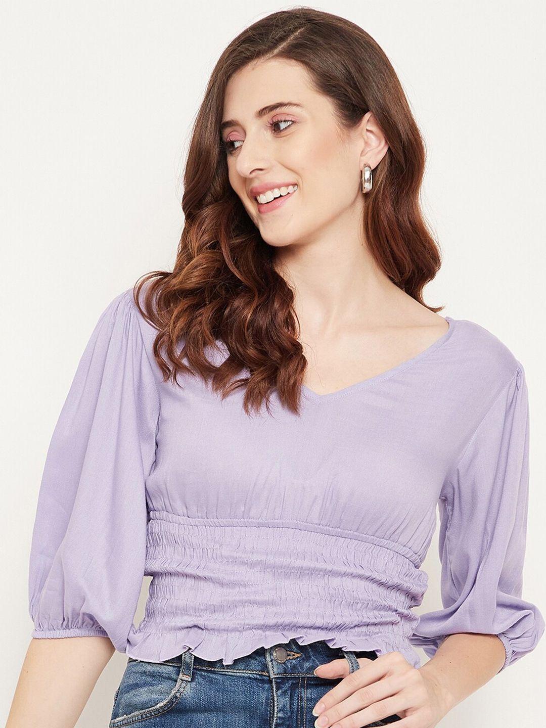 bitterlime women lavender smocked cinched waist smocking crop top