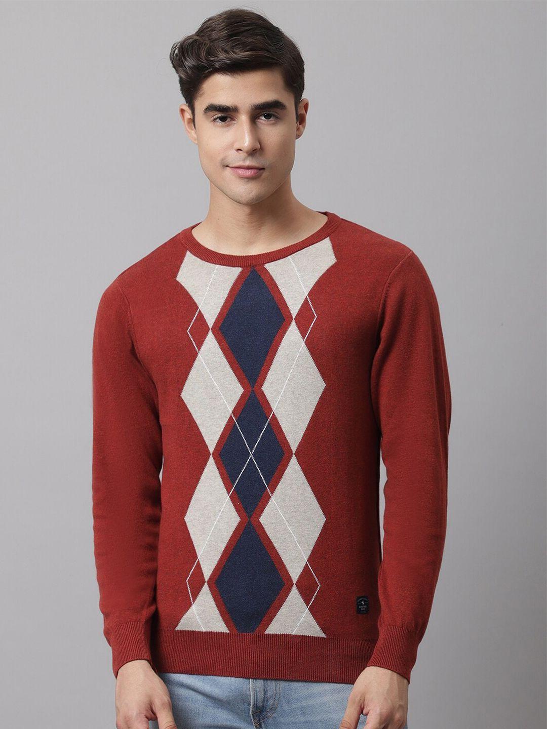 cantabil men rust & navy blue geometric self design pullover sweater