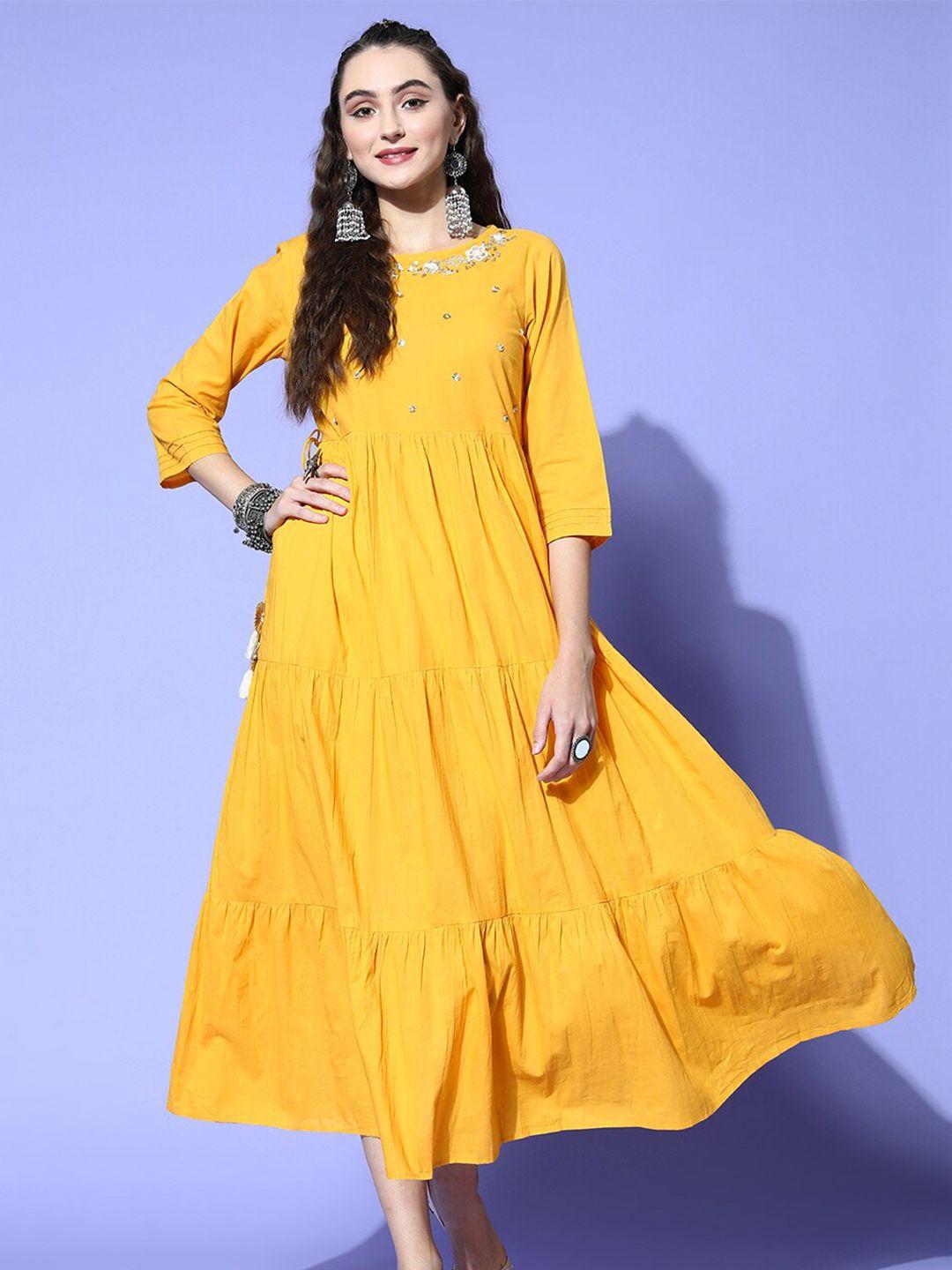 sunehri mustard yellow embellished a-line cotton midi dress