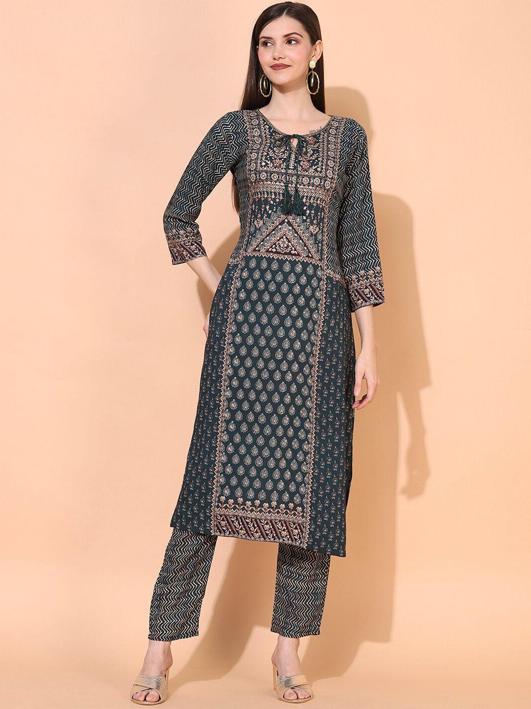 envy me by fashor women sea green ethnic motifs printed kurta with trousers