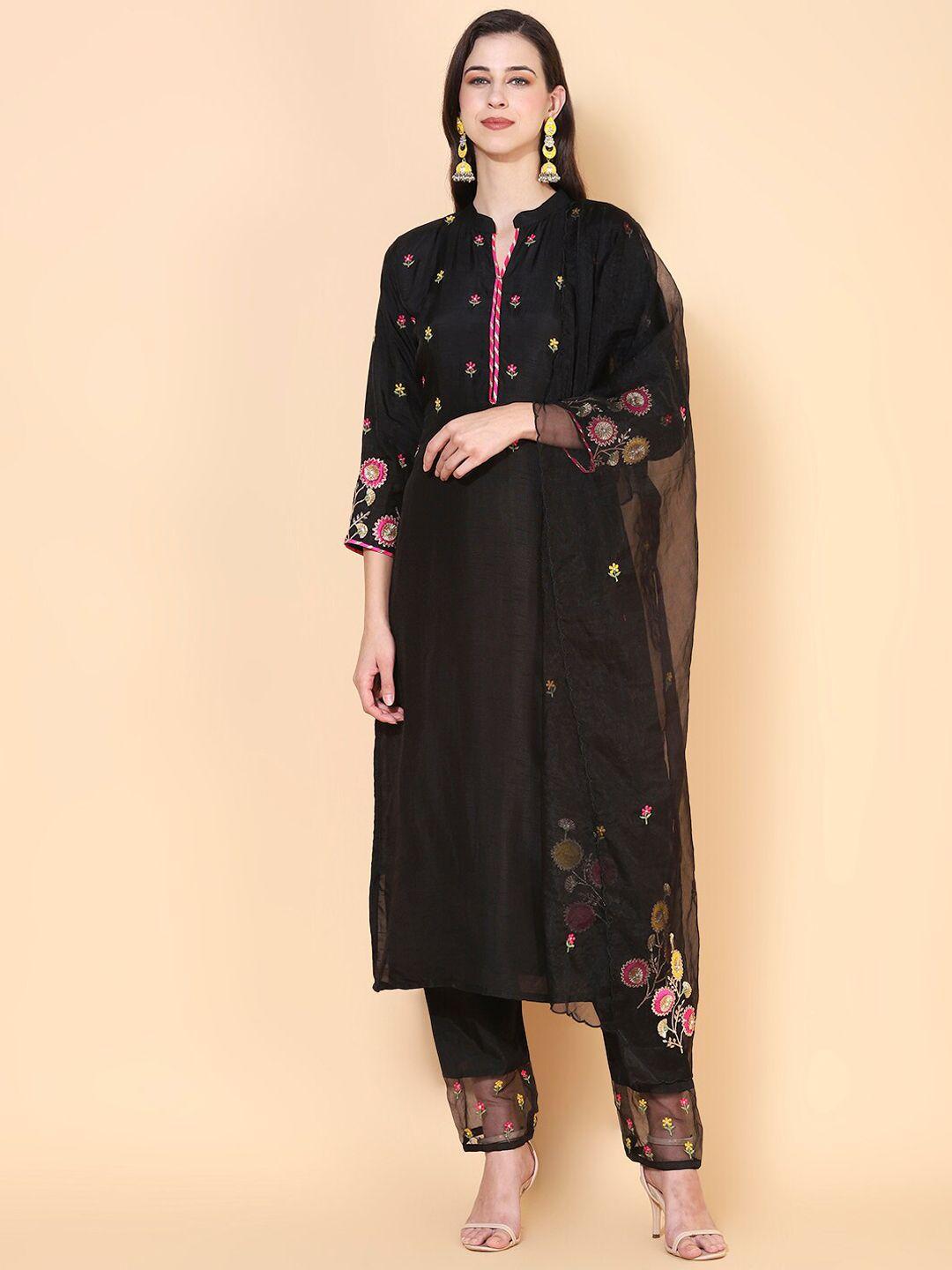 envy me by fashor women black floral embroidered kurta with trousers & with dupatta