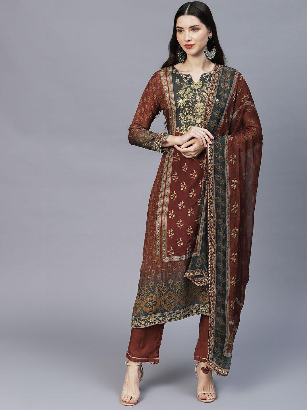 envy me by fashor women brown ethnic motifs printed kurta with trousers & with dupatta