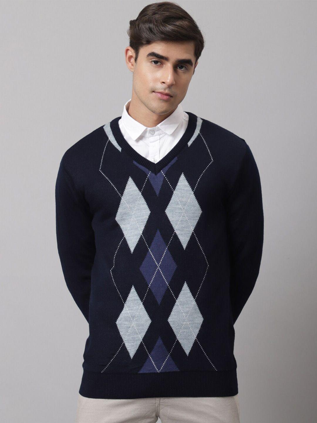 cantabil men navy blue & grey printed pullover