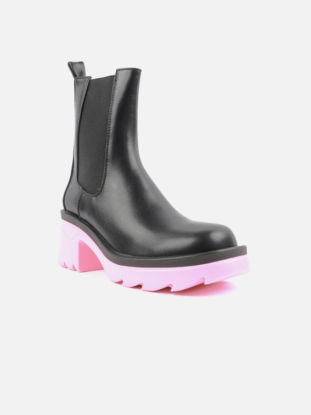 carlton london women black & pink colourblocked mid top block heeled boots