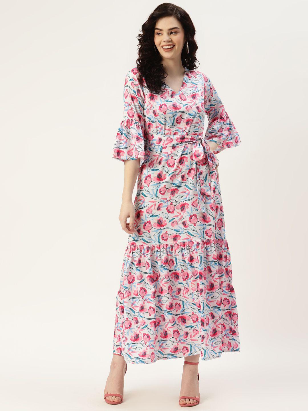 sleek italia white & pink floral print bell sleeves crepe tiered maxi dress