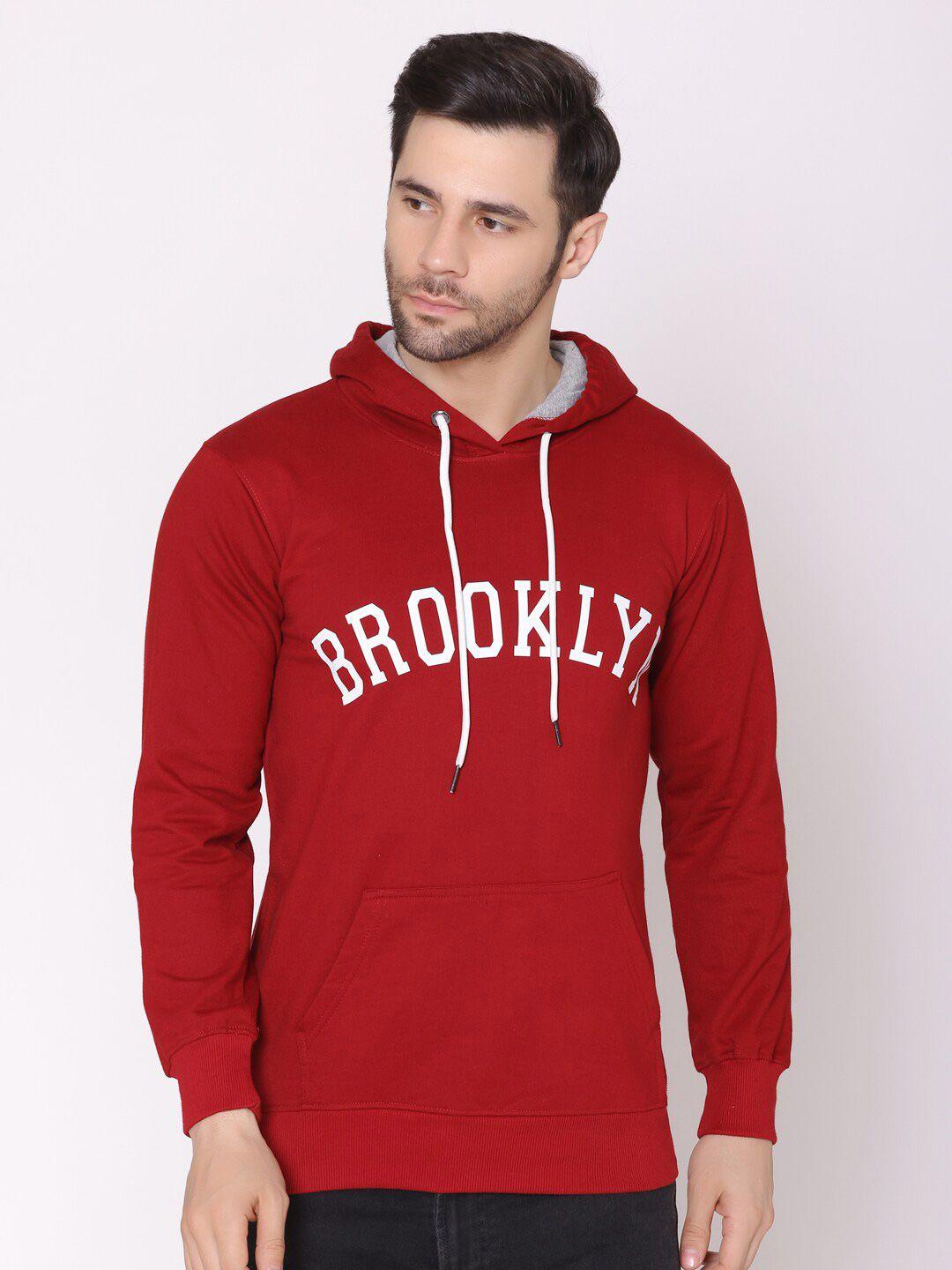 lounge dreams men maroon printed cotton hooded sweatshirt