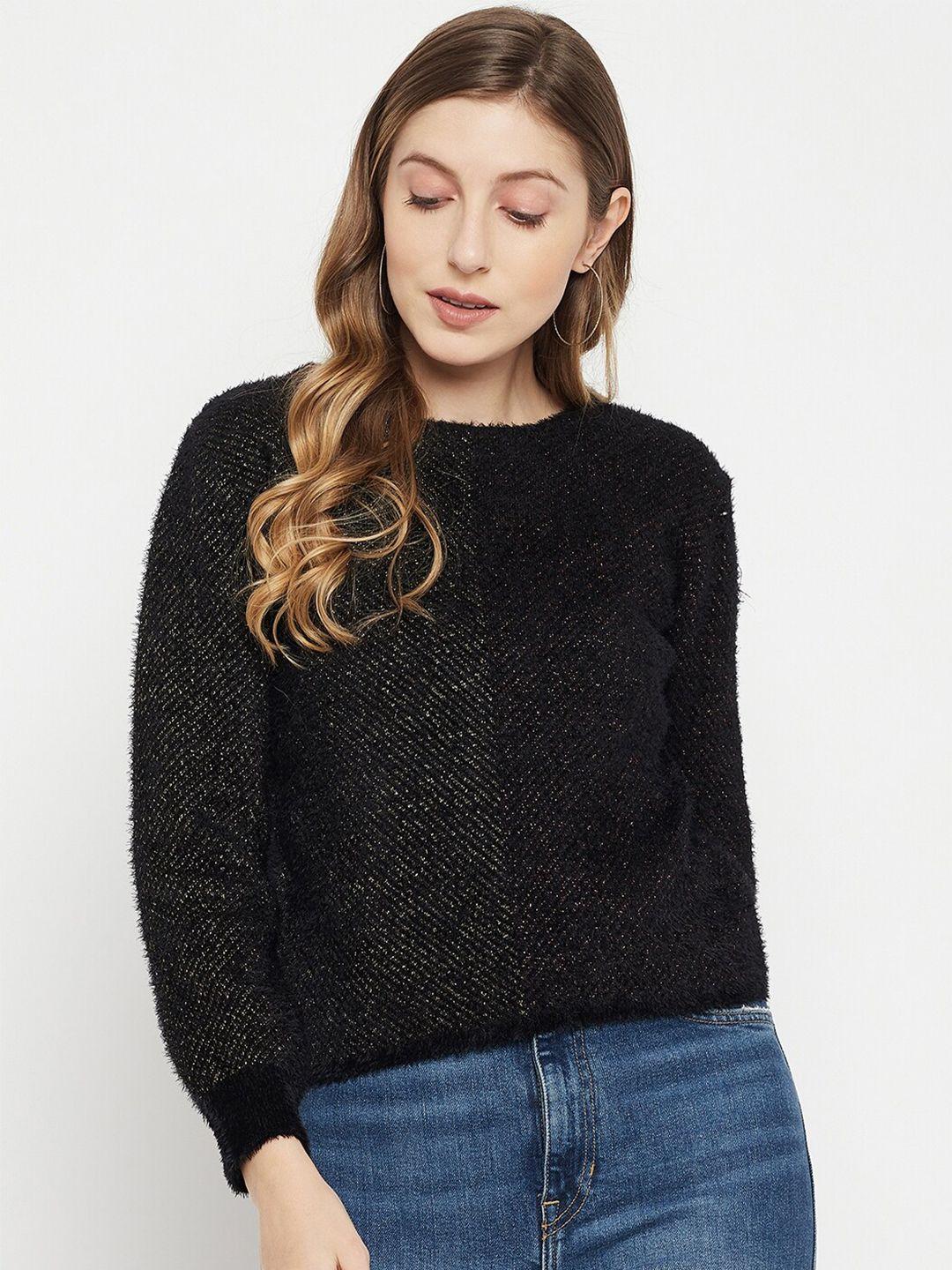 madame women black acrylic pullover with fuzzy detail