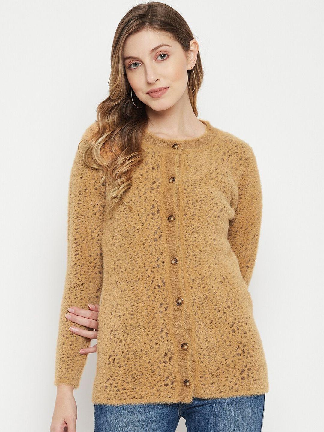 madame women khaki animal acrylic cardigan with fuzzy detail