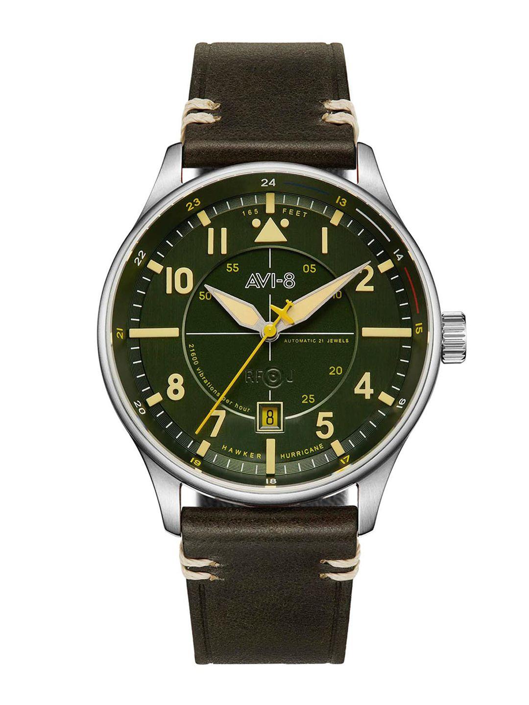 avi-8 men olive green brass dial & straps automatic motion analogue watch- av-4094-03