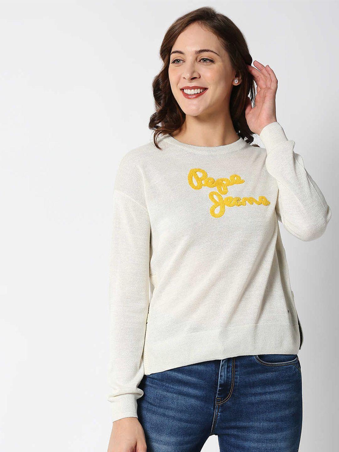 pepe jeans women grey & yellow typography pullover