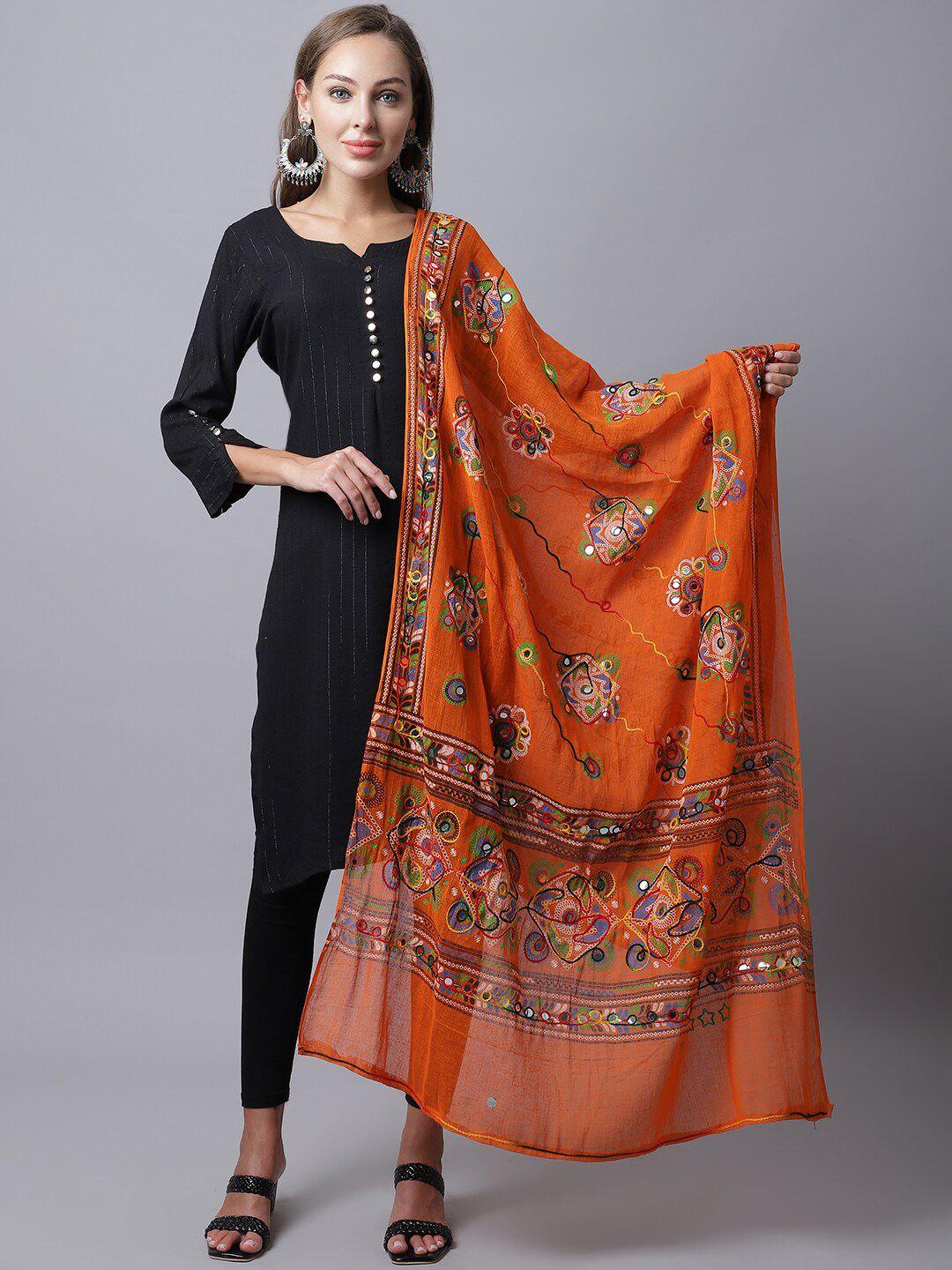 soundarya women orange & yellow embroidered pure cotton kalamkari dupatta with mirror work