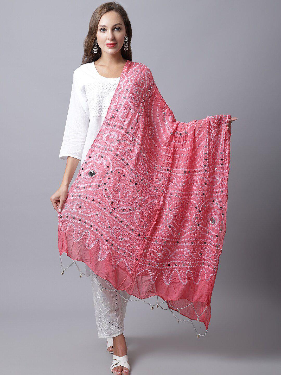 soundarya women pink & white printed pure cotton bandhani dupatta with mirror work