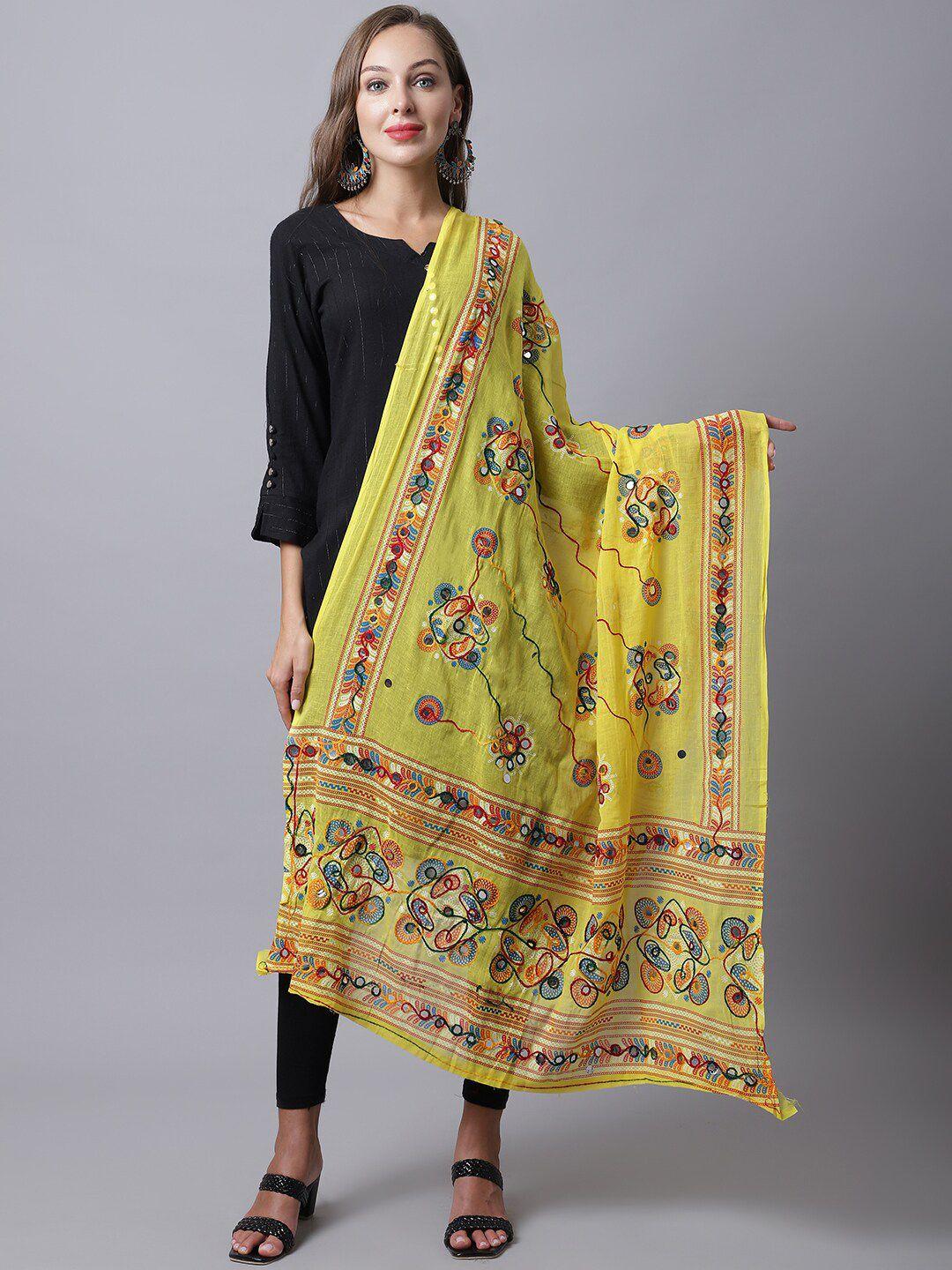 soundarya women yellow & orange embroidered pure cotton kalamkari dupatta with phulkari