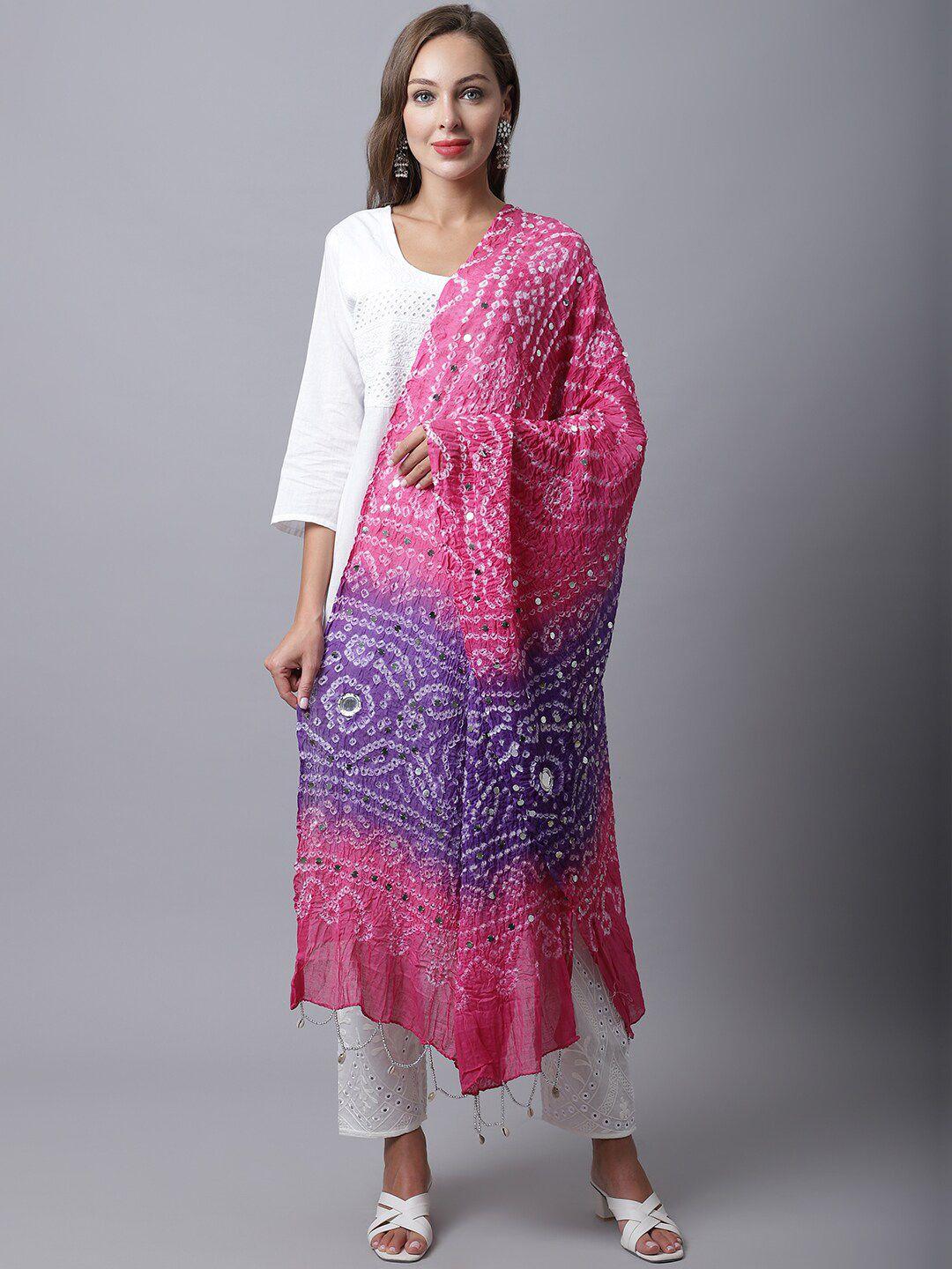 soundarya women pink & violet printed pure cotton bandhani dupatta with mirror work